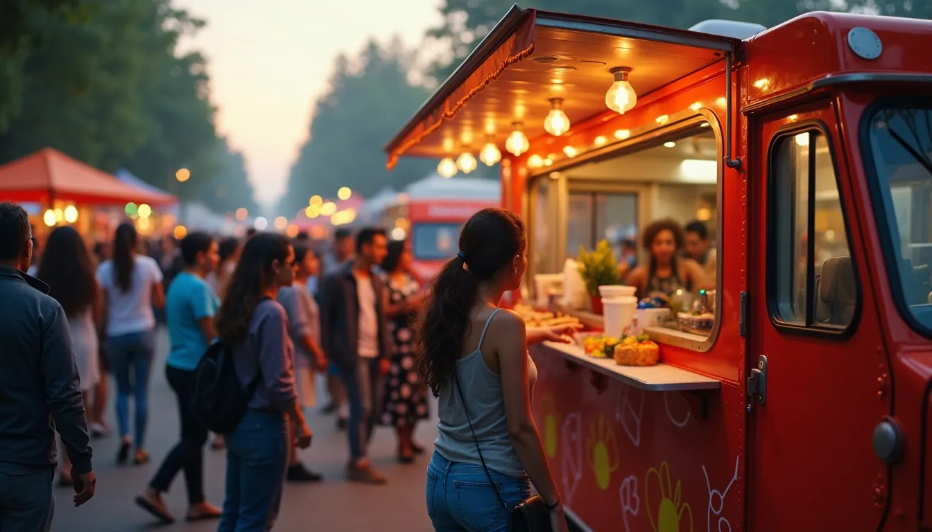 Des clients dégustent leur repas devant un food truck