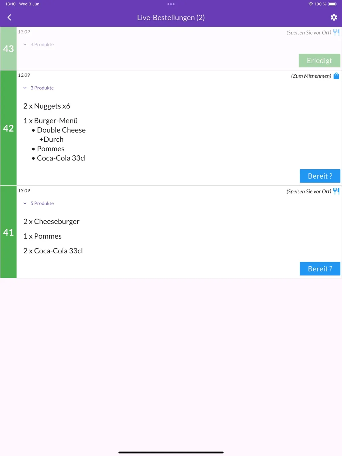 Die Live-Bestellansicht auf dem iPad mit drei nummerierten Bestellungen