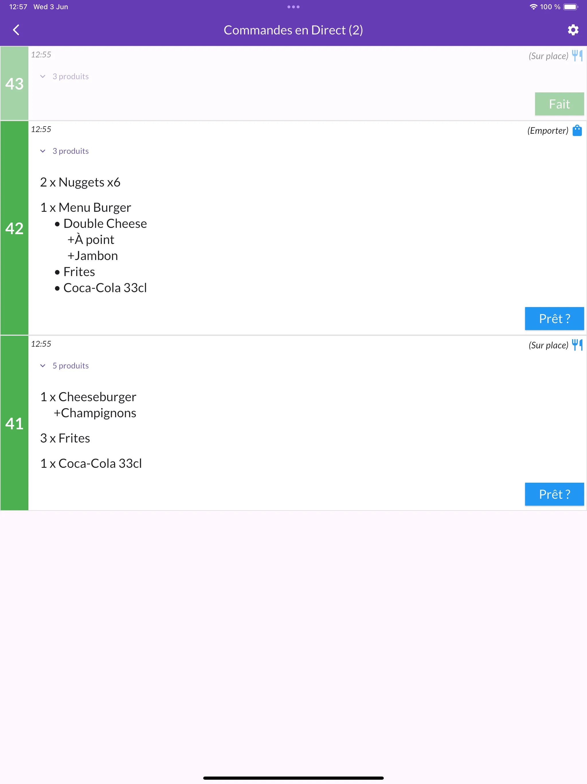 L’écran des commandes en direct sur iPad, avec trois commandes numérotées