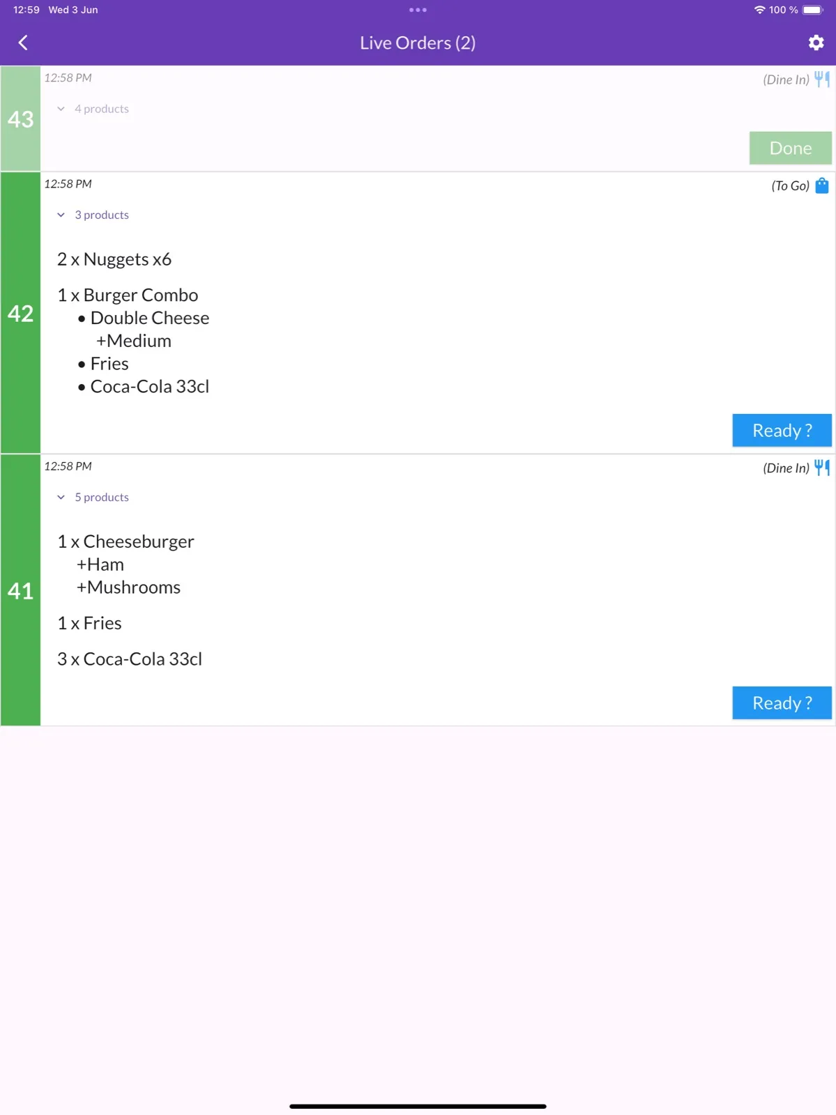 Ang screen ng live orders sa iPad, na may tatlong order na may numero