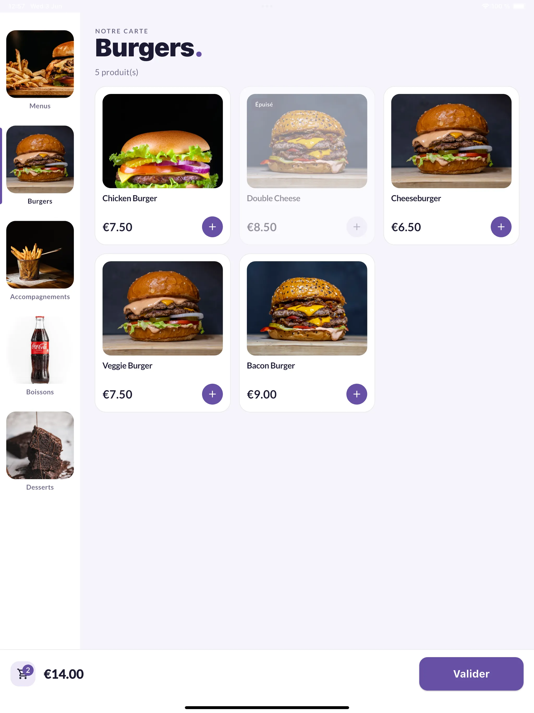 La borne de commande Take Orders sur iPad, carte des burgers