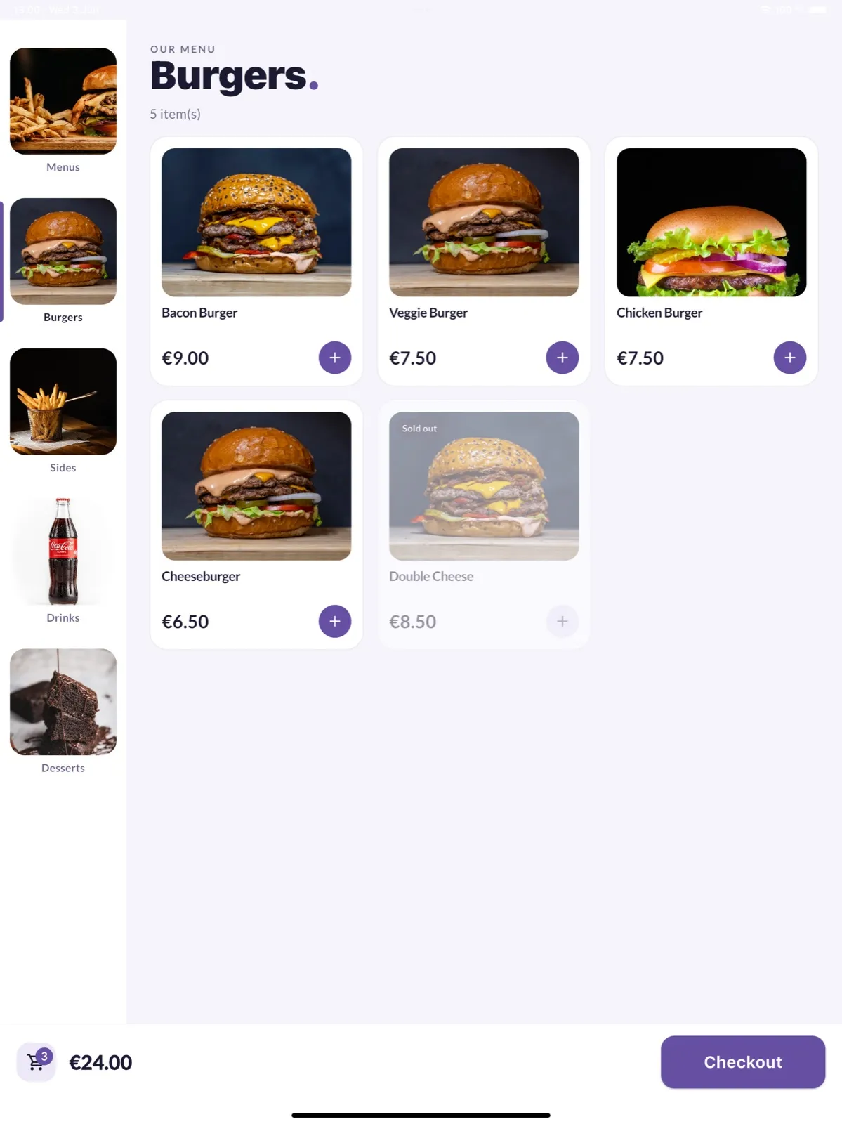 Ang Take Orders ordering kiosk sa iPad, menu ng mga burger