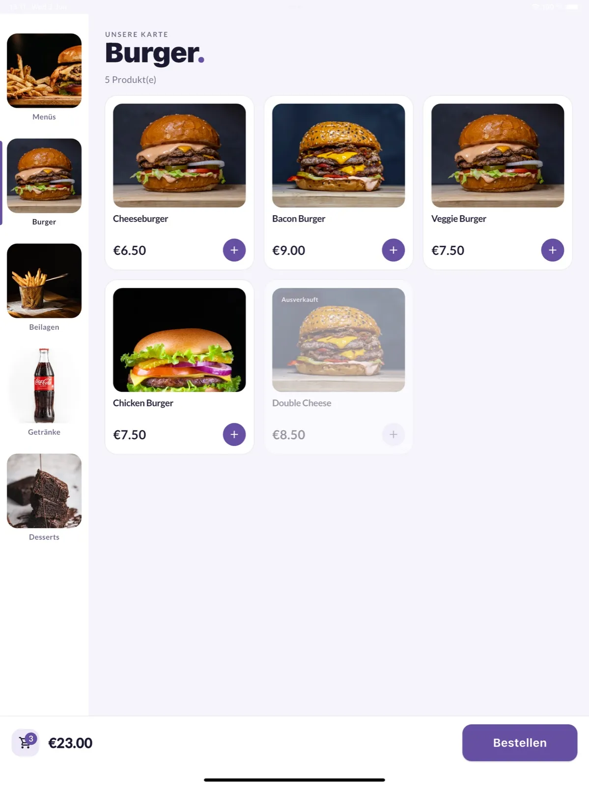 Das Take Orders Bestellterminal auf dem iPad mit der Burger-Karte