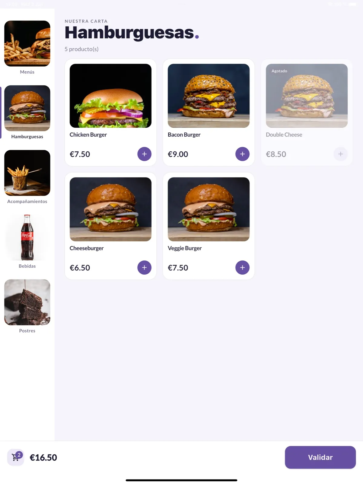 El kiosco de pedidos Take Orders en iPad, con la carta de hamburguesas