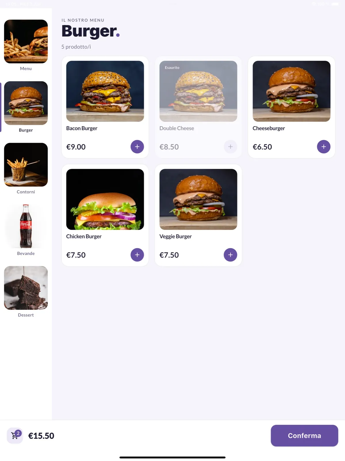 Il totem self-service di Take Orders su iPad, con il menu degli hamburger