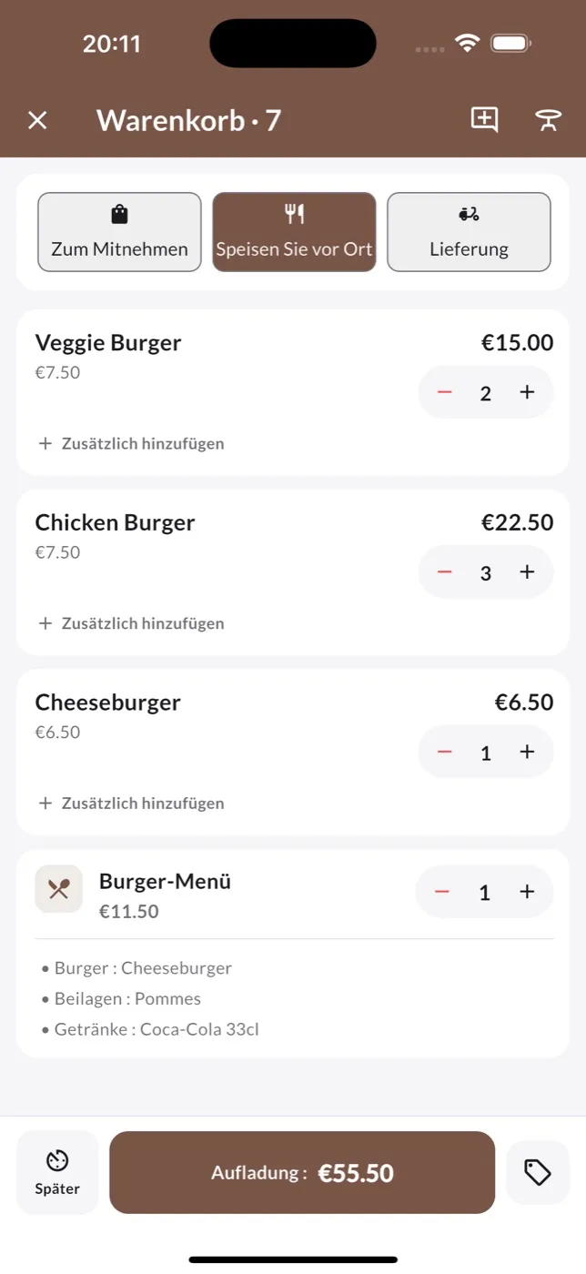 Der Warenkorb einer Vor-Ort-Bestellung mit einem Burger-Menü auf dem iPhone