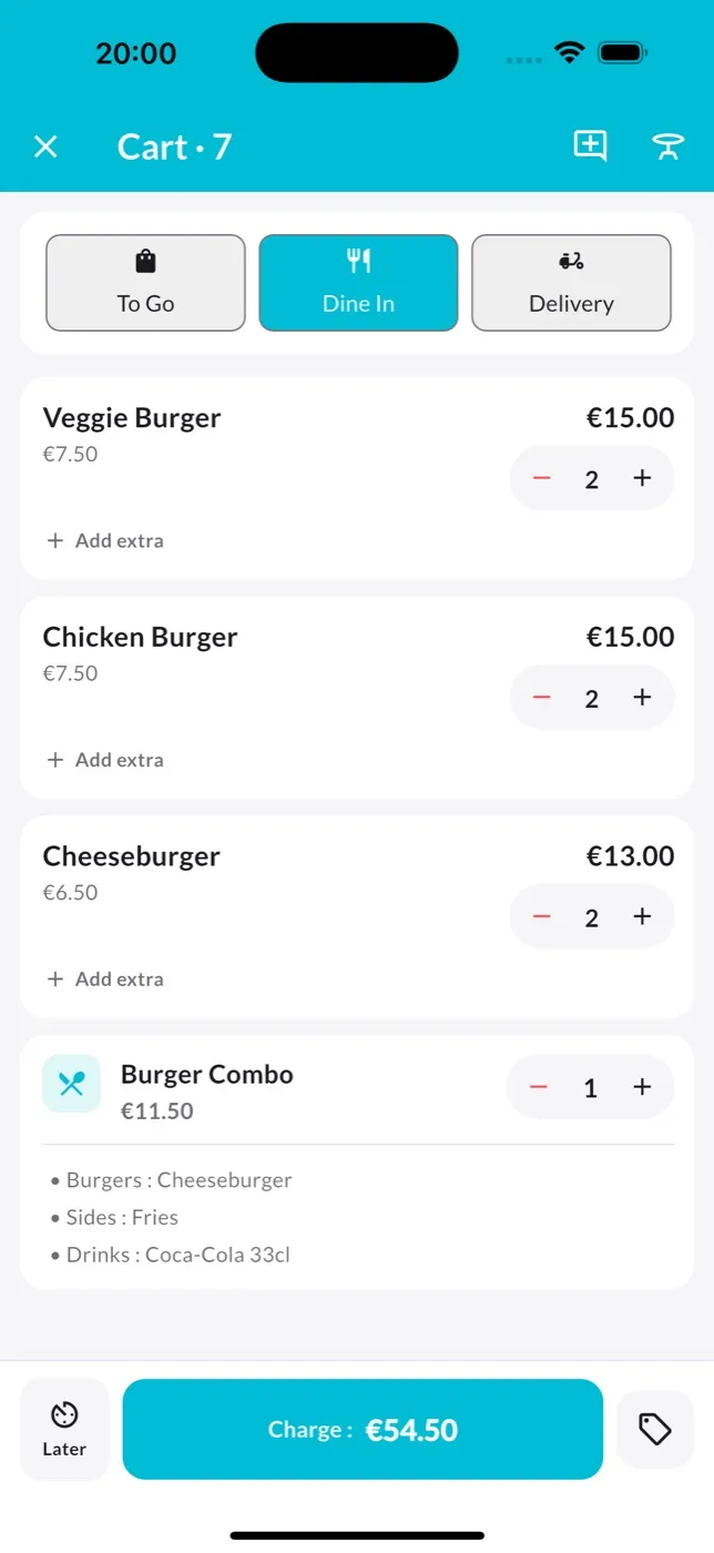 Ang cart ng isang dine-in order na may burger meal, sa iPhone