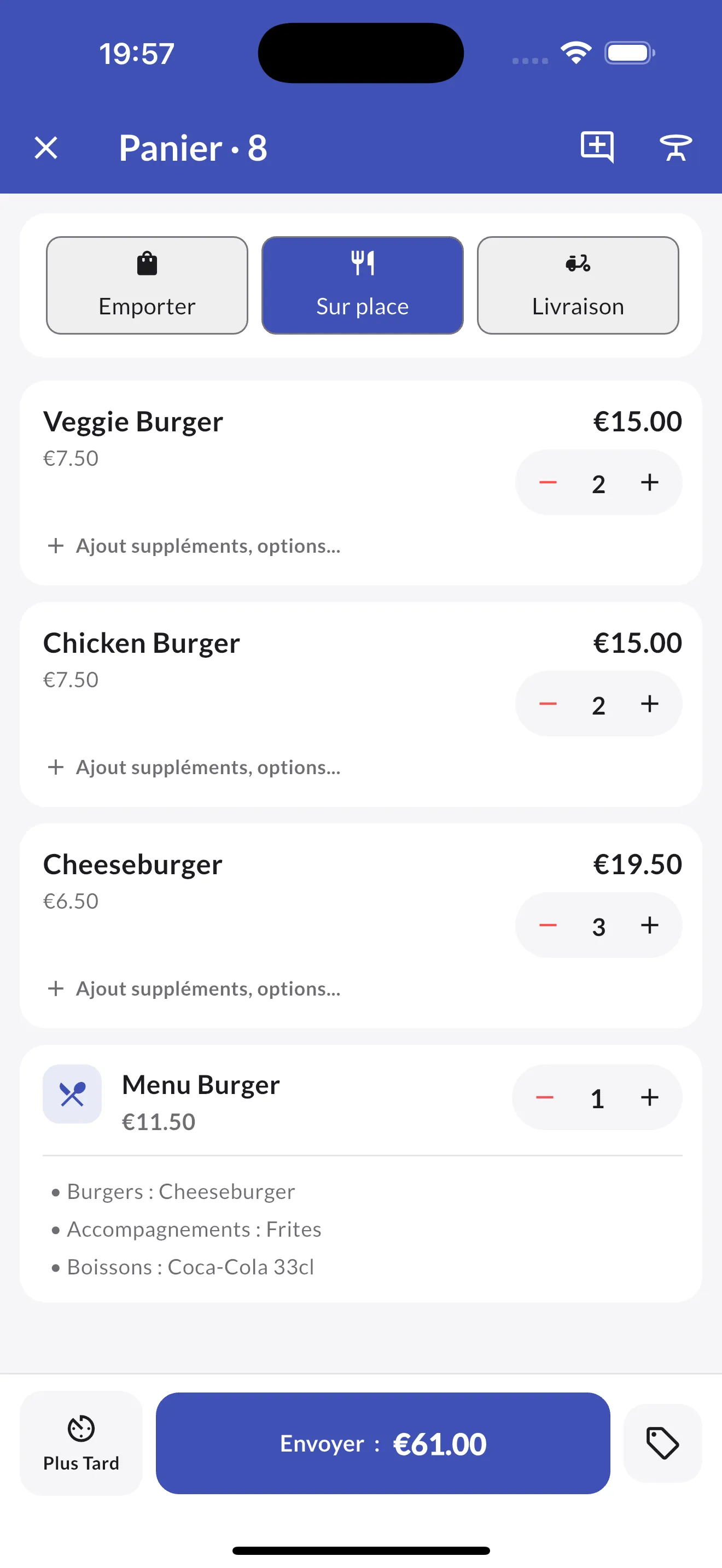 Le panier d’une commande sur place avec un menu burger, sur iPhone