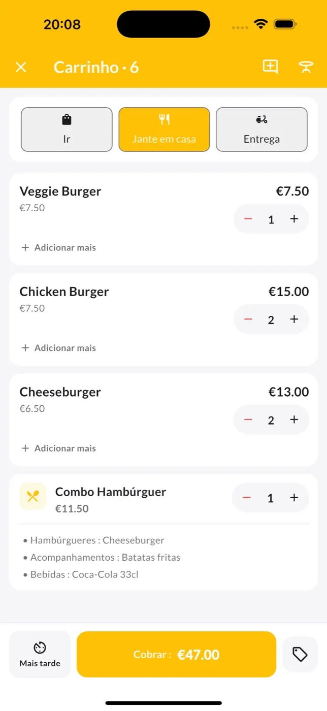 O carrinho de um pedido para comer aqui com um menu de hambúrguer, no iPhone