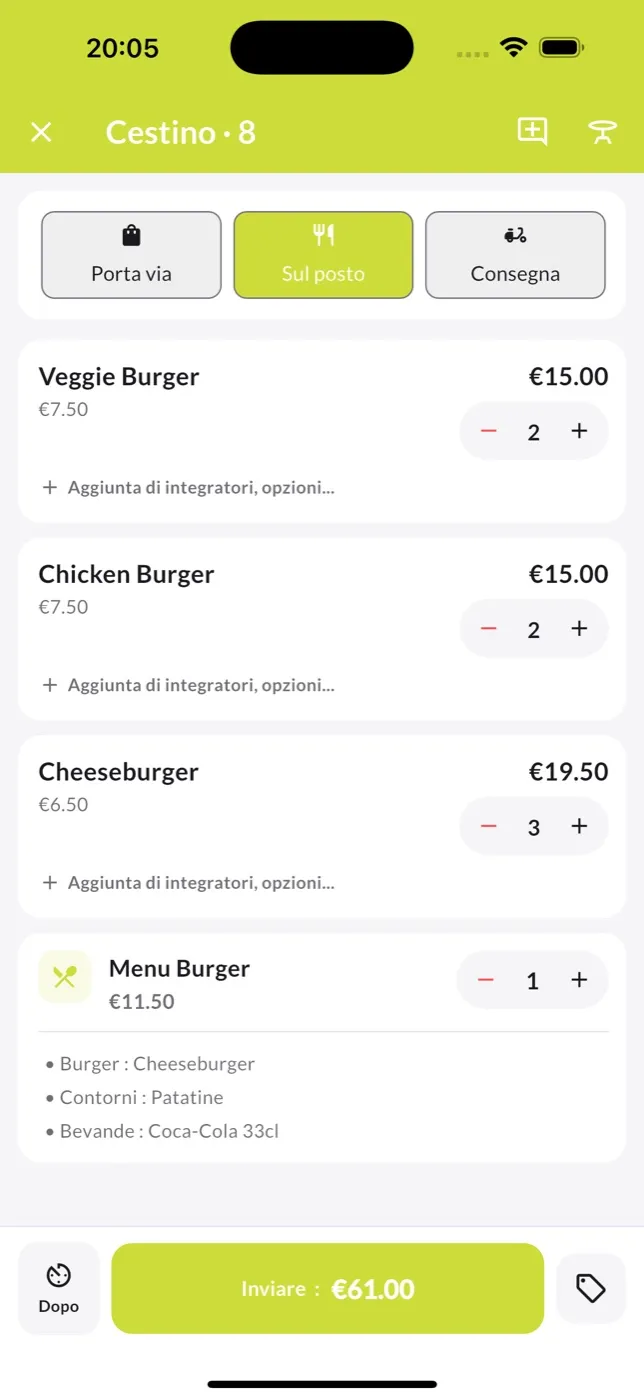 Il carrello di un ordine al tavolo con un menu hamburger, su iPhone