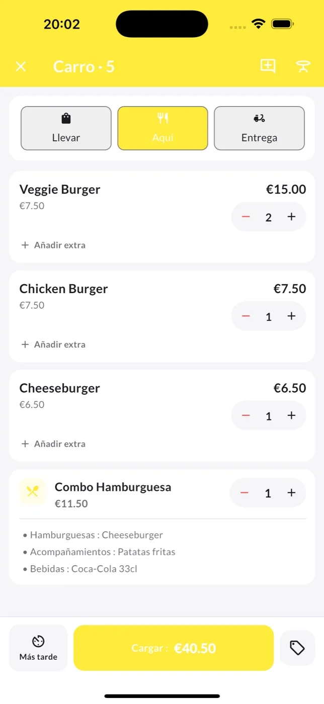 La cesta de un pedido para tomar aquí con un menú de hamburguesa, en iPhone